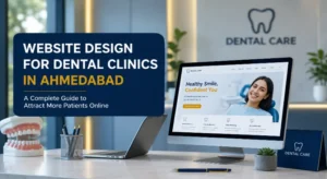 Dental clinic website design guide with desk setup and sample homepage on screen