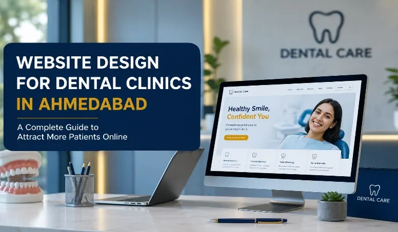 Dental clinic website design guide with desk setup and sample homepage on screen