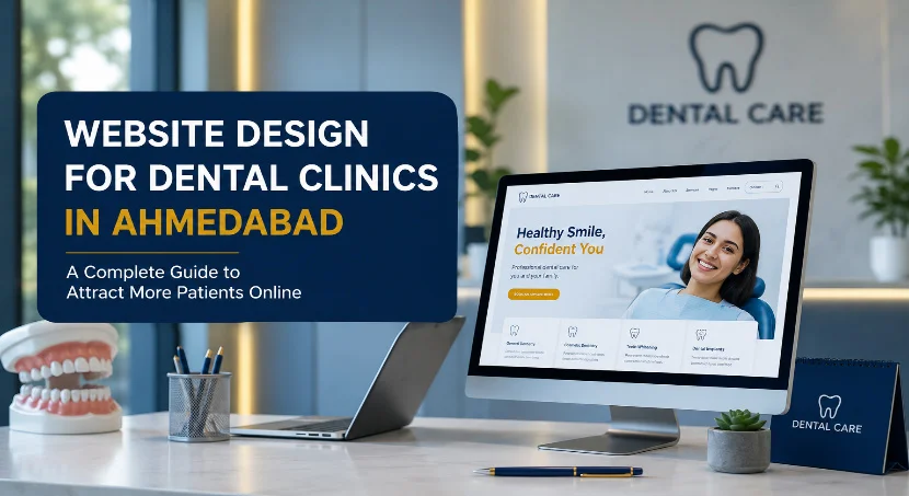 Dental clinic website design guide with desk setup and sample homepage on screen
