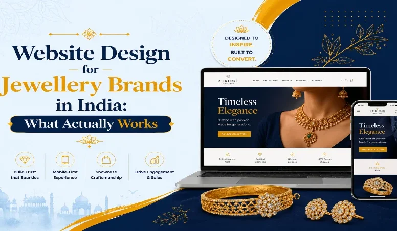 Website design for jewellery brands in India – laptop and phone mockups with gold jewellery