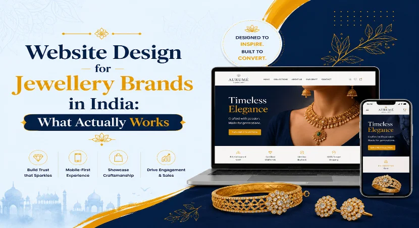 Website design for jewellery brands in India – laptop and phone mockups with gold jewellery