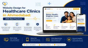 Laptop and mobile mockup of a clinic website with doctor's family photo