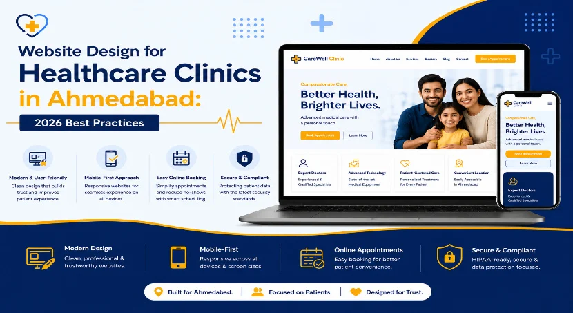 Laptop and mobile mockup of a clinic website with doctor's family photo