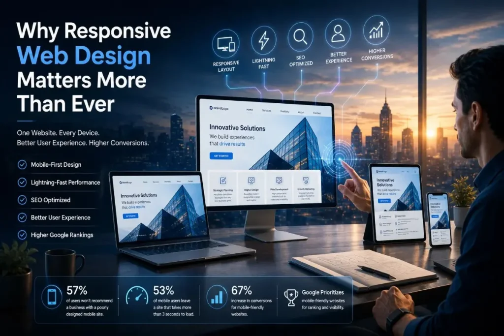 Responsive website displayed on desktop, laptop, tablet and phone with stats
