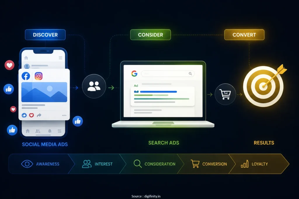 Flow chart showing digital advertising journey from Discovery to Conversion

