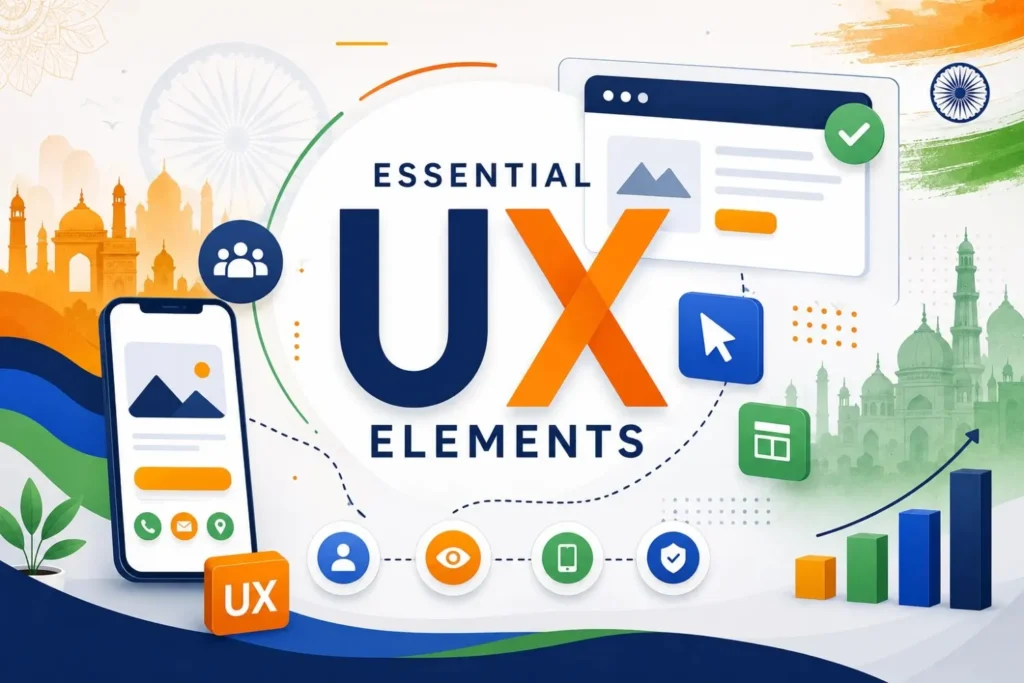 Icons showing key UX elements: users, visibility, mobile, security