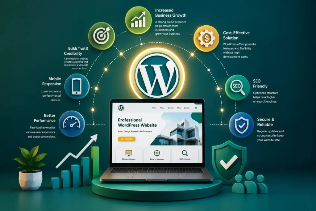 WordPress website benefits infographic for business growth in 2026