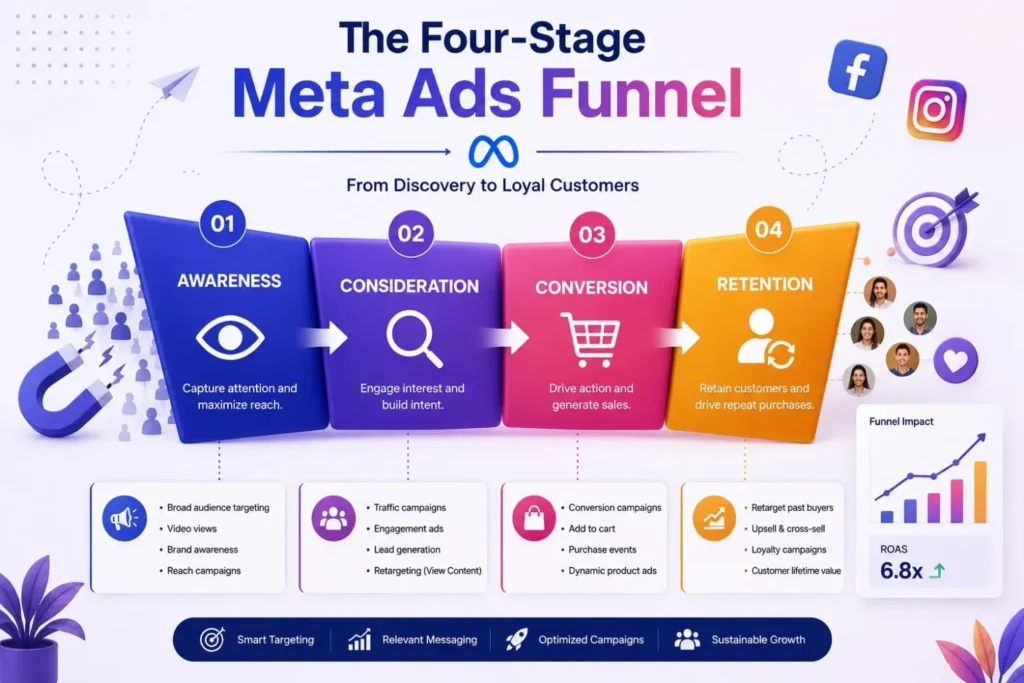 Four-stage Meta Ads funnel: awareness, consideration, conversion, retention
