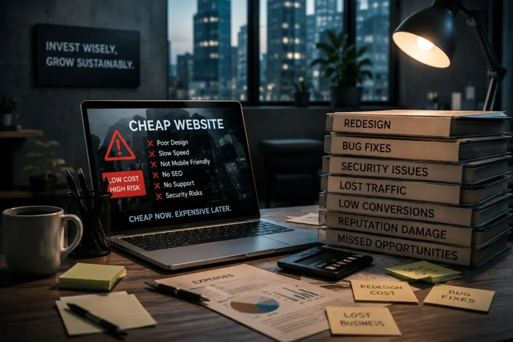 Laptop screen warning that cheap websites are low cost, high risk
