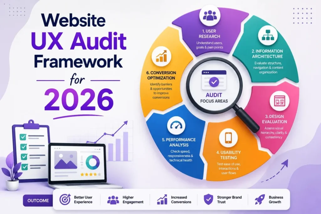 Six-stage UX audit wheel: research, IA, design, testing, performance, conversion