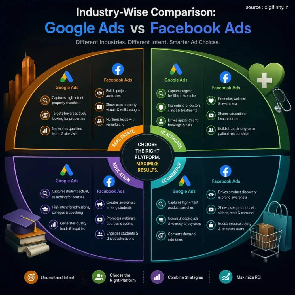 Google Ads vs Facebook Ads comparison by industry and marketing goals
