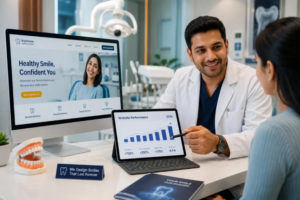 Dental website analytics dashboard displayed on tablet during patient consultation
