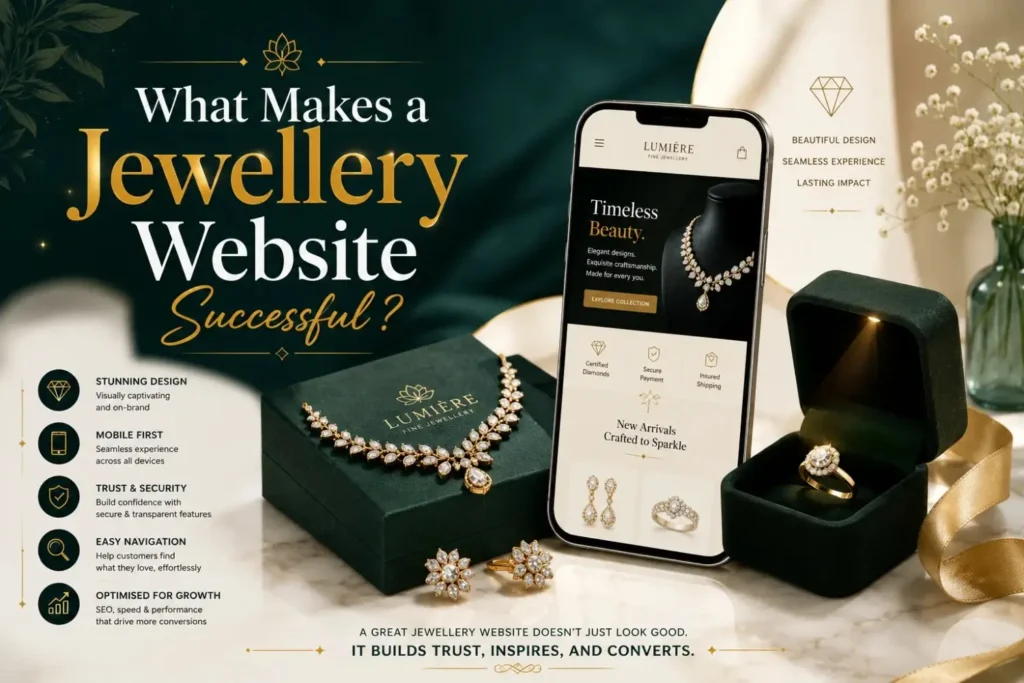 Mobile-first jewellery website design with necklace, earrings, and ring display