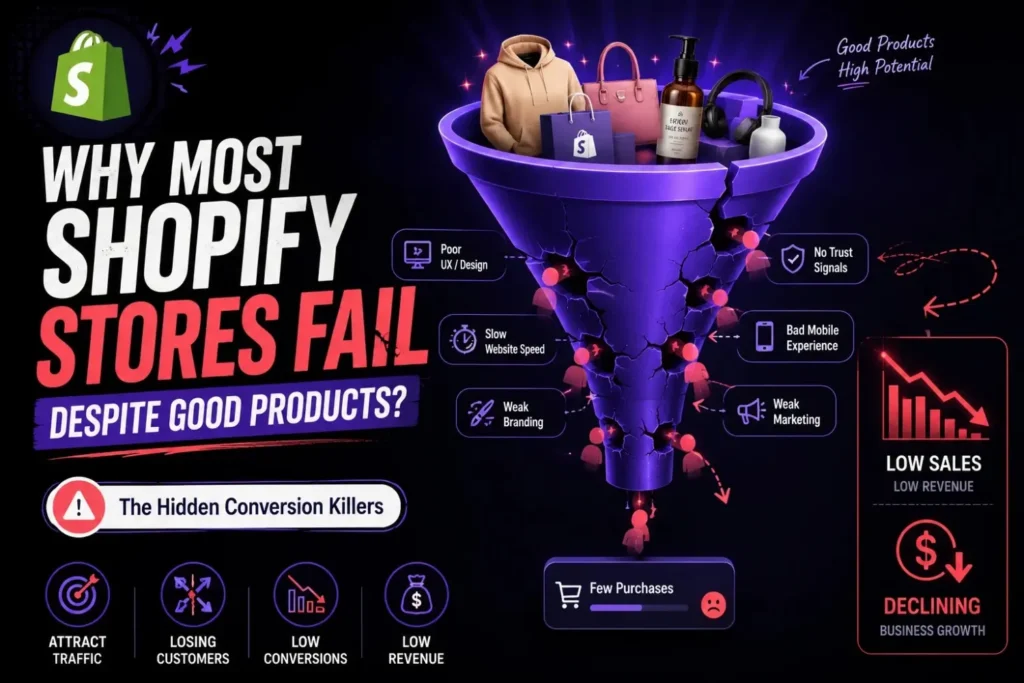 Infographic showing reasons why most Shopify stores fail despite good products