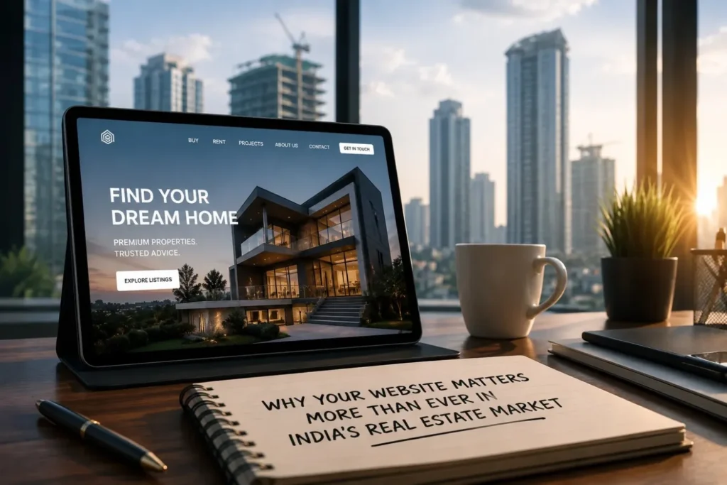 Tablet displaying a real estate website beside a notebook with article title
