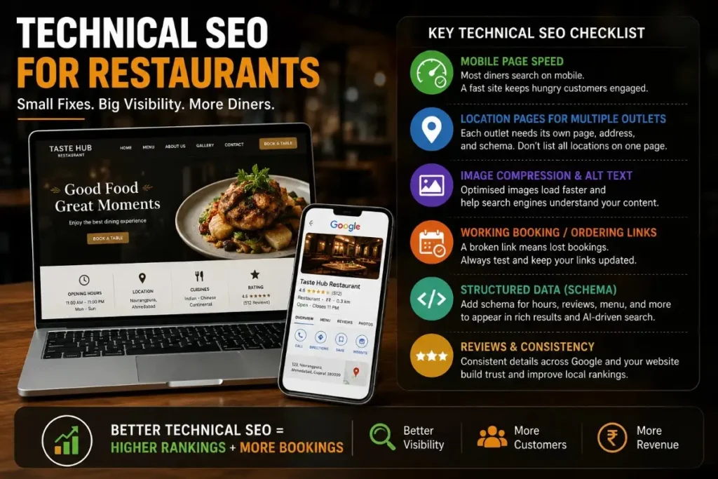 Technical SEO checklist for restaurant websites covering speed, schema and reviews