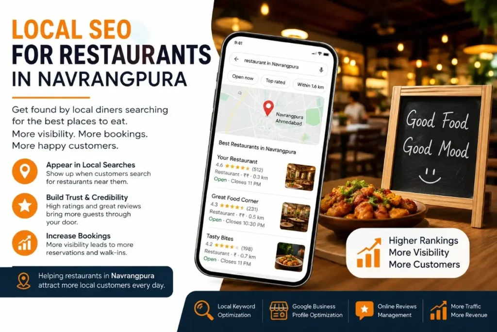 Local SEO for restaurants in Navrangpura shown on a Google Maps search screen