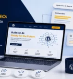Laptop showing WordPress SEO dashboard with AI search visibility graphic overlay