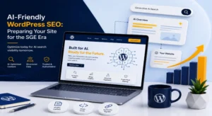 Laptop showing WordPress SEO dashboard with AI search visibility graphic overlay