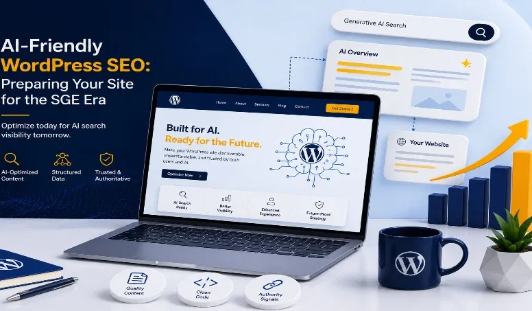 Laptop showing WordPress SEO dashboard with AI search visibility graphic overlay