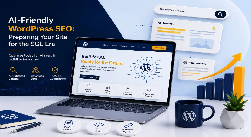 Laptop showing WordPress SEO dashboard with AI search visibility graphic overlay