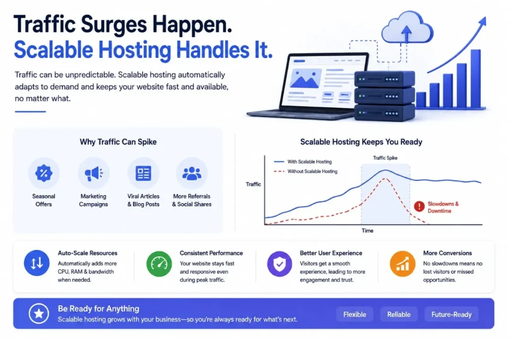 Scalable hosting handles traffic surges without slowdowns or downtime
