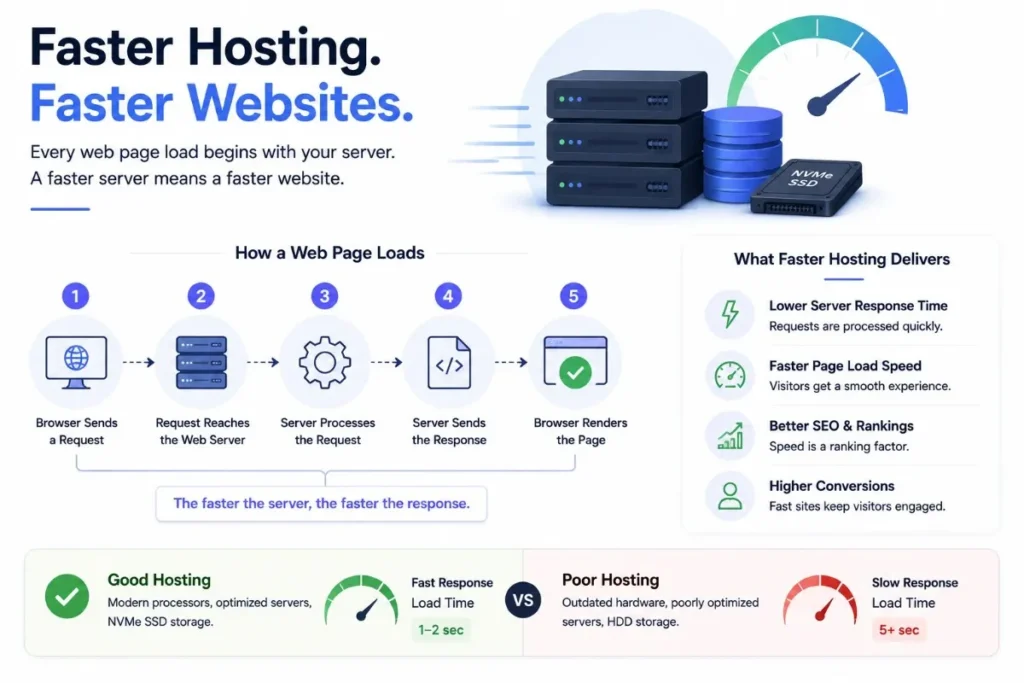 Faster web hosting reduces server response time and boosts SEO rankings