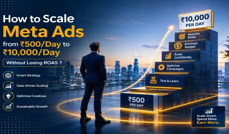 Infographic on scaling Meta Ads spend from ₹500 to ₹10,000 daily without losing ROAS