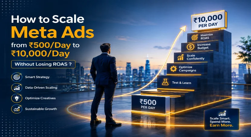 Infographic on scaling Meta Ads spend from ₹500 to ₹10,000 daily without losing ROAS