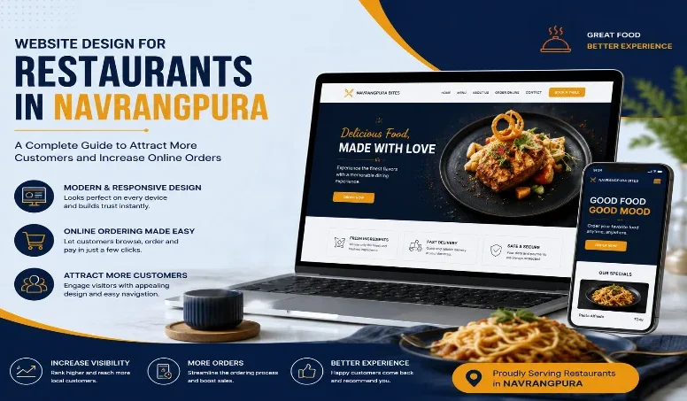Laptop and mobile mockup of a restaurant website design service in Navrangpura