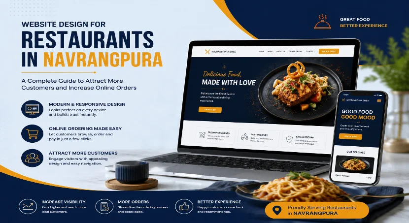 Laptop and mobile mockup of a restaurant website design service in Navrangpura