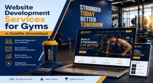 Laptop and tablet showing gym website design with shaker bottle and towel