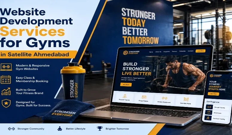Laptop and tablet showing gym website design with shaker bottle and towel
