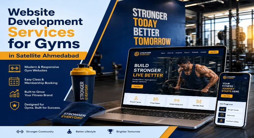 Laptop and tablet showing gym website design with shaker bottle and towel