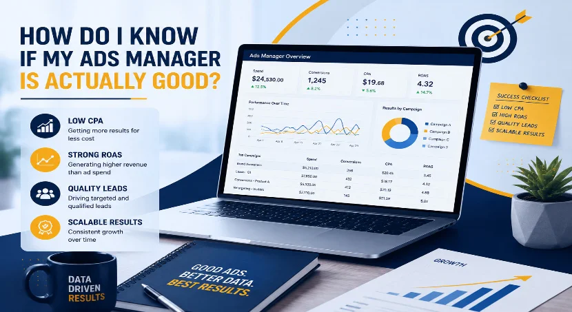 Ads Manager dashboard with checklist: low CPA, strong ROAS, quality leads, scalable results