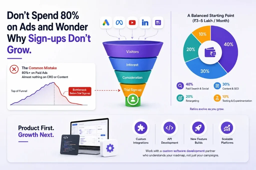SaaS ad budget allocation and funnel bottleneck breakdown chart
