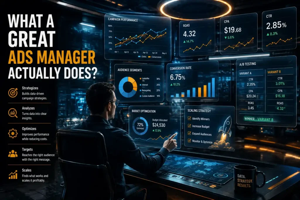 Marketer viewing dashboard screens showing ROAS, CTR, A/B testing, and budget optimization

