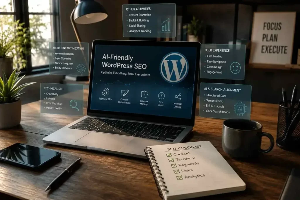 Laptop with WordPress SEO checklist covering technical SEO, content, and UX
