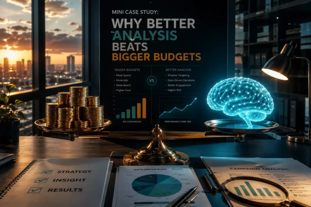 Office desk with scale comparing stacked coins to a glowing brain over ROI charts
