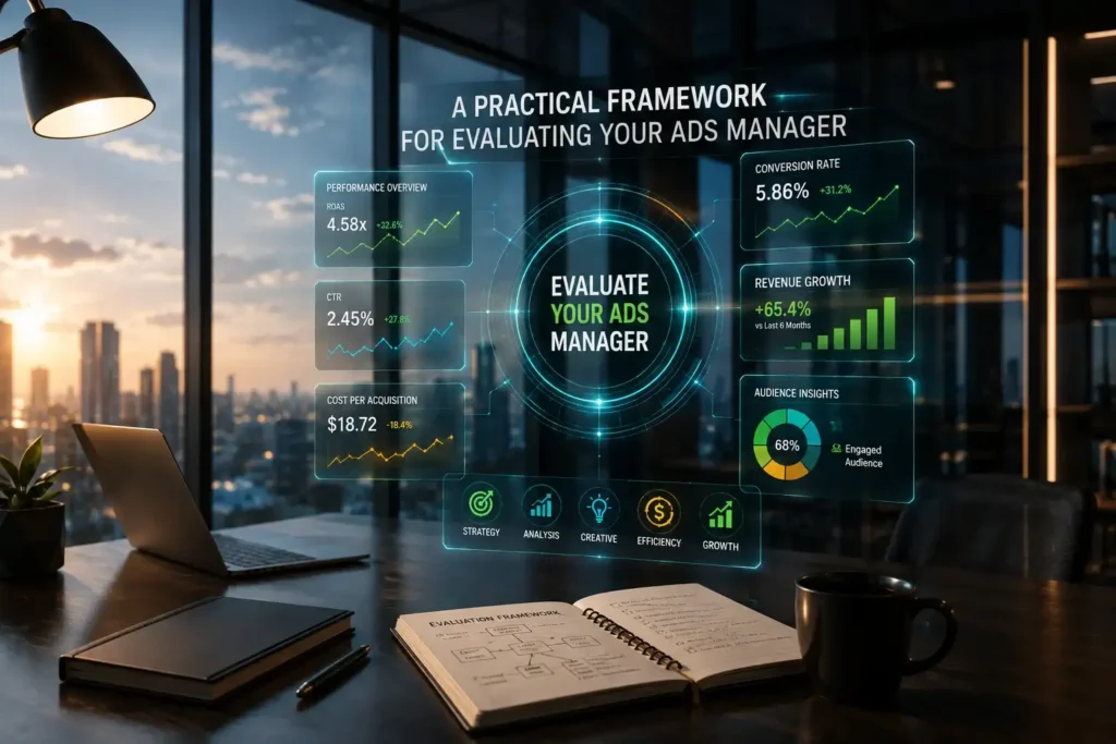 Glass office desk with floating ad performance data around "Evaluate Your Ads Manager" text

