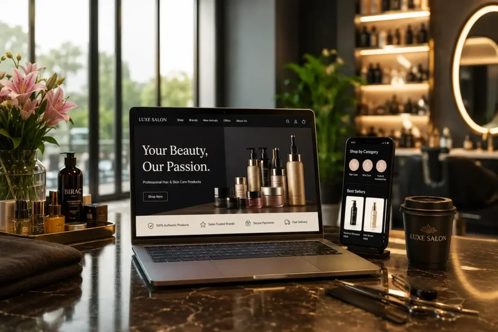 Laptop showing Luxe Salon e-commerce website for hair and skin care products
