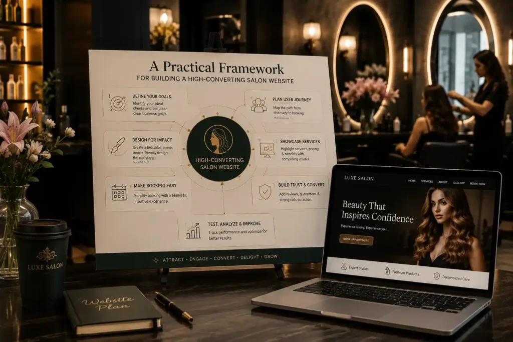 Salon website planning framework beside laptop with Luxe Salon homepage
