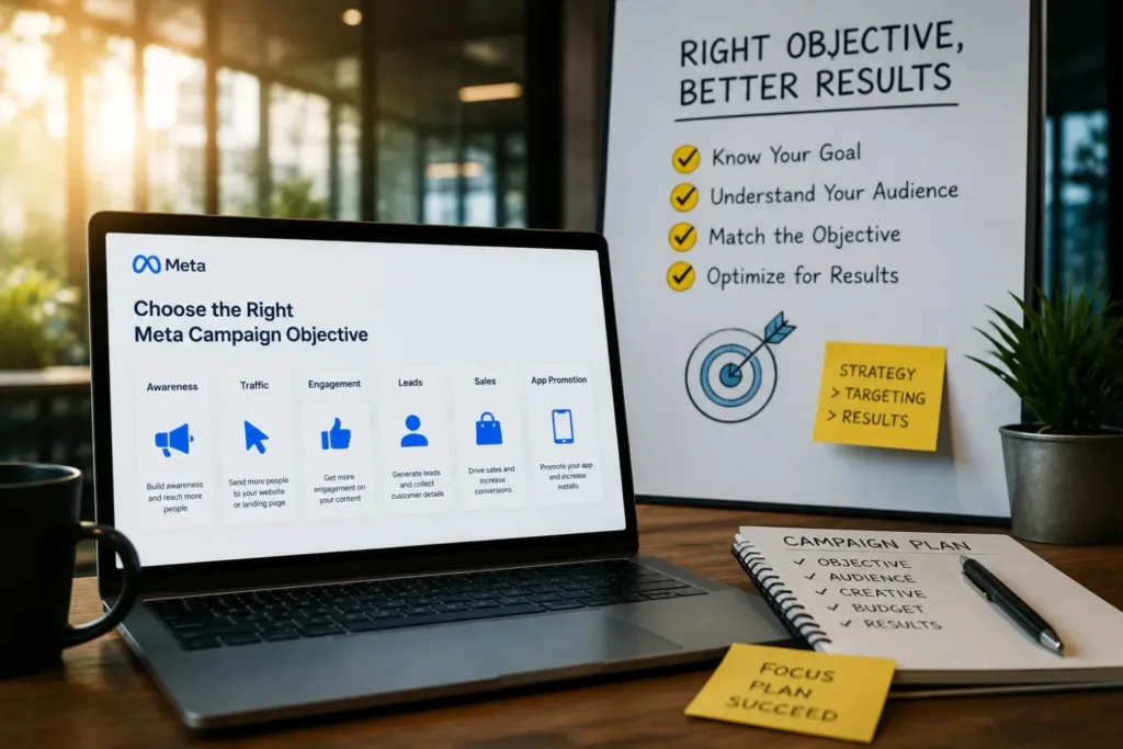 Meta Ads objective selection screen with strategy checklist on whiteboard 