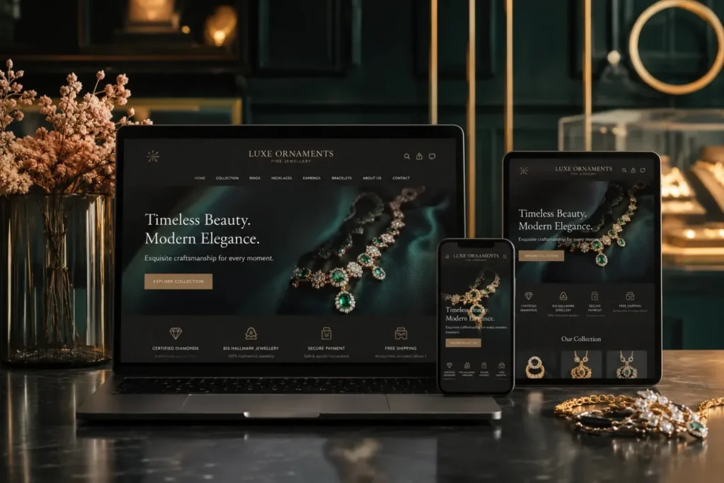 Dark-themed elegant jewellery e-commerce site on multiple devices 