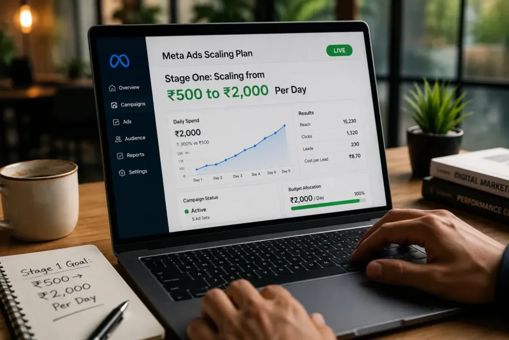 Meta Ads campaign dashboard displaying Stage One scaling results and budget allocation

