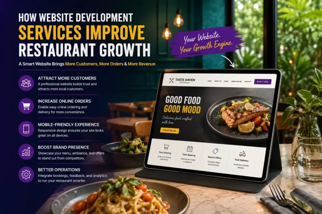 Restaurant growth infographic beside a tablet displaying a sample website