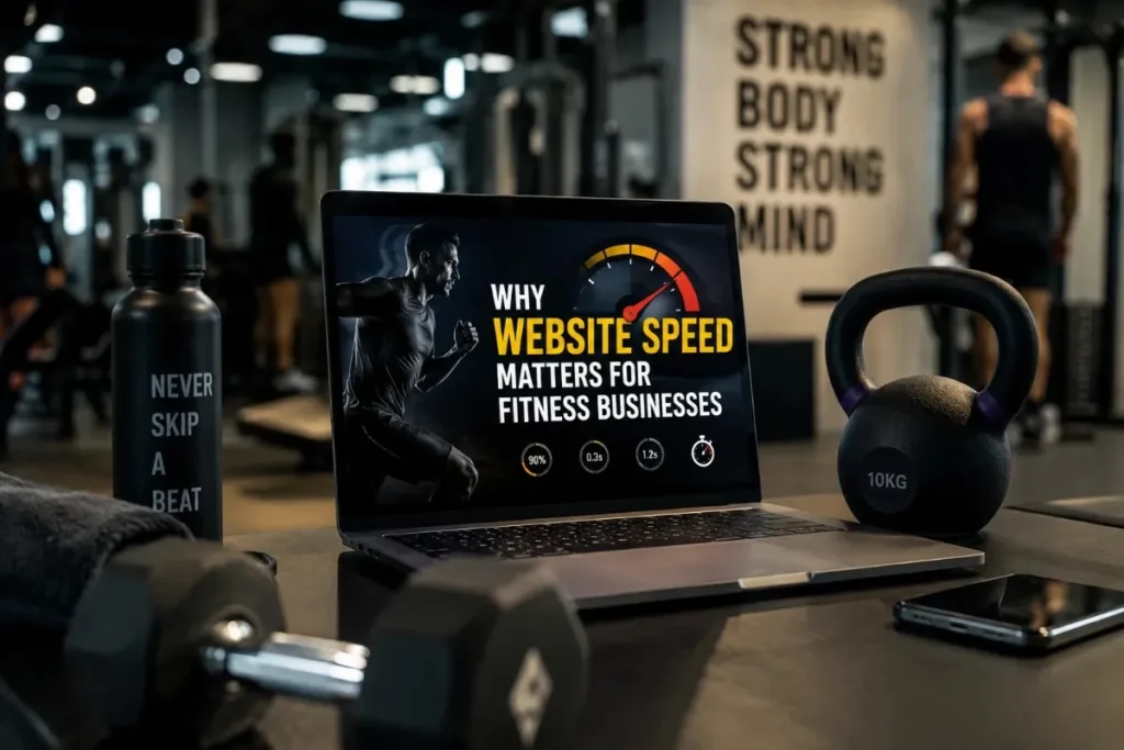 Laptop displaying website speed infographic on a gym floor with kettlebell 