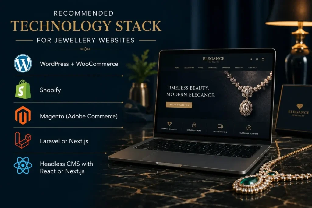 Recommended tech stack for jewellery websites: WordPress, Shopify, Magento
