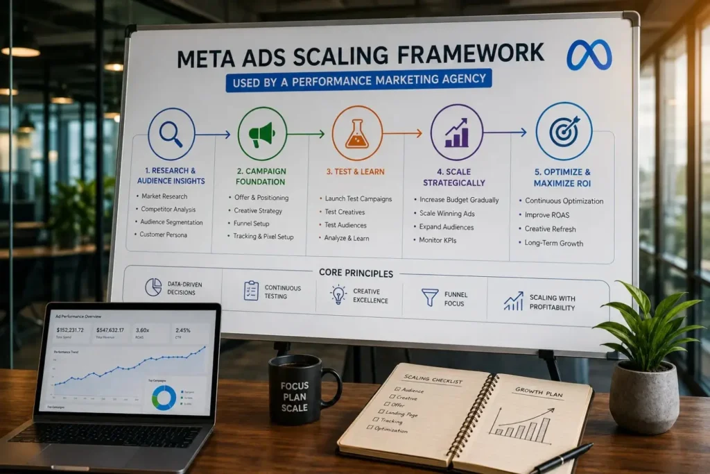  Meta Ads scaling framework: research, foundation, testing, scaling, and optimization steps
