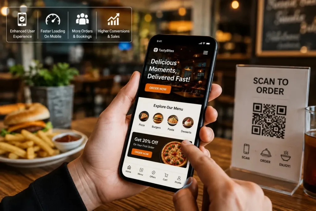 Smartphone showing restaurant menu and ordering screen with QR code sign